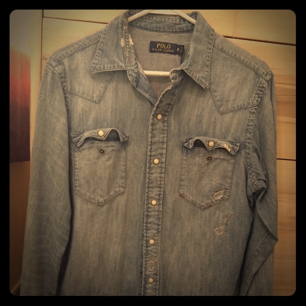 NWT Distressed Blue Jean Button Up